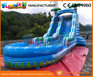 0.55mm PVC Tarpaulin Commercial Inflatable Slide Blue Palm Tree Slide With Pool